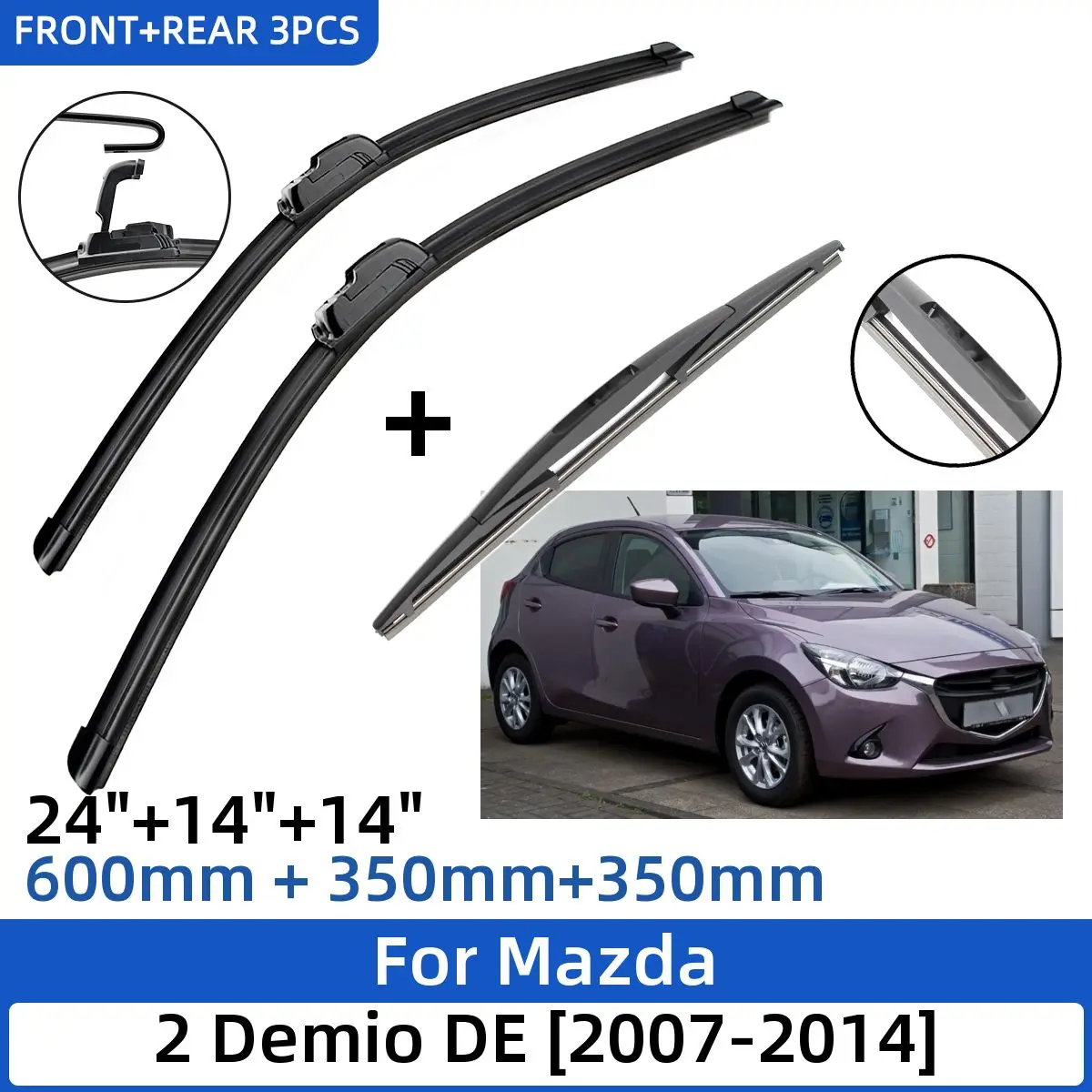 

3PCS For Mazda 2 Demio DE 2007-2014 24"+14"+14" Front Rear Wiper Blades Windshield Windscreen Window Cutter