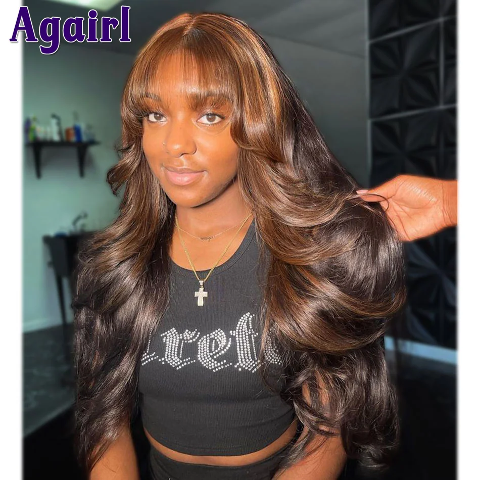 

Brown Blonde Highlight Glueless 13x6 13X4 Lace Frontal Body Wave Wigs With Bangs 5x5 Lace Closure Wavy Human Hair Wigs For Women