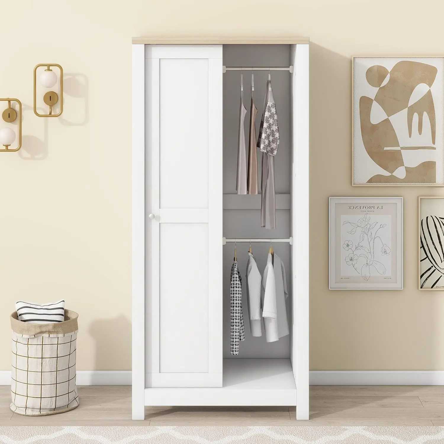 Kids Armoire Wardrobe Closet, Small Wardrobe Closet with 2 Hanging Rods and Drawers, Freestanding Wood Closet with Shel