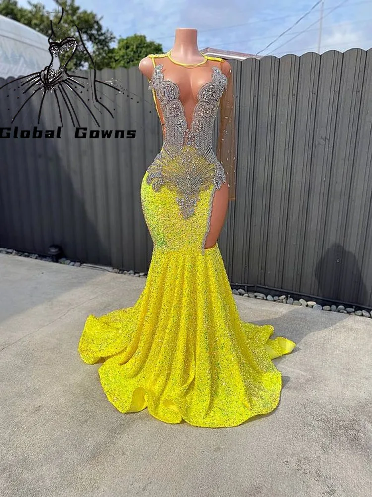 

Yellow O Neck Evening Gown 2024 Beaded Crystal Birthday Party Dress Mermaid Long Prom Dresses Sequined Vestido Elegante