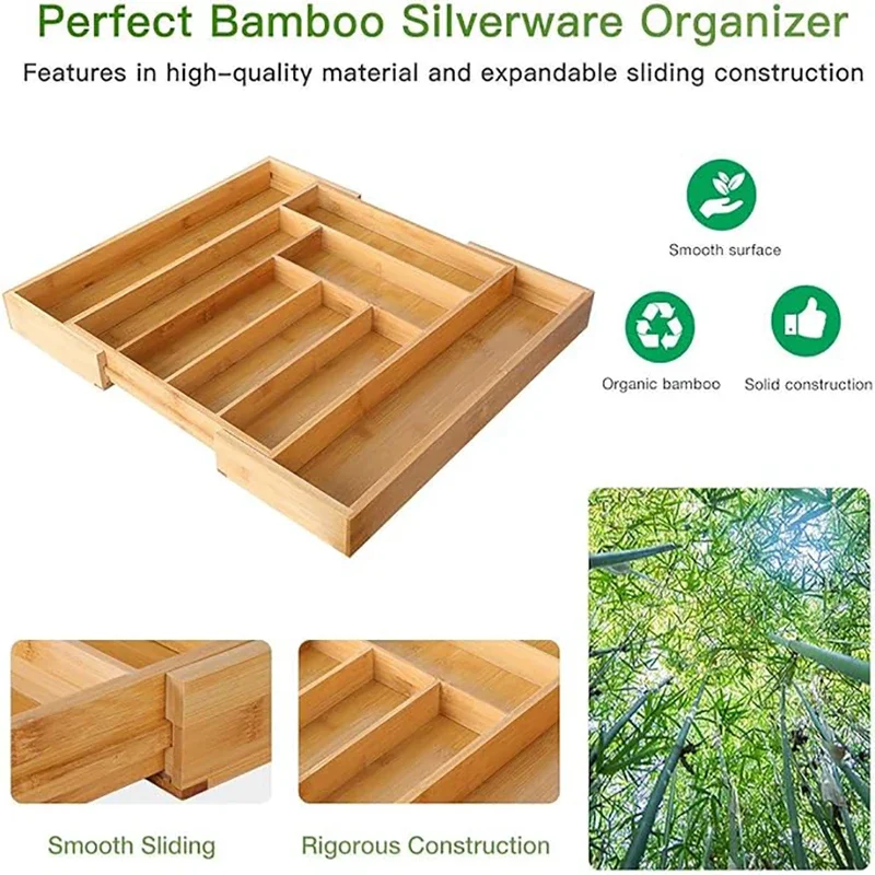Organizador de cajones expandible para cubiertos de bambú, bandeja ajustable para cubiertos, separador de cajones de madera para cubiertos, utensilios de cocina - Image 5