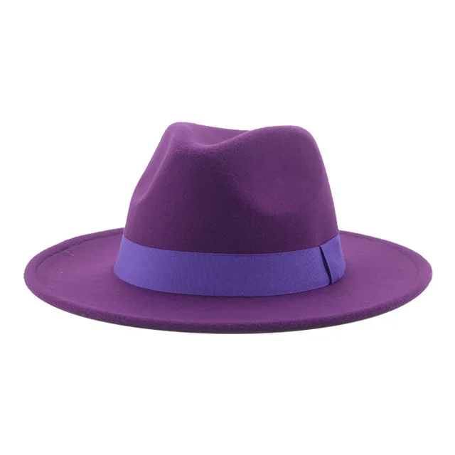 Fedora Hat Women Winter Hats for Women Ribbon Band Men's Hat Wide Brim Classic Beige Wedding Church Bowler New Cap chapeau femme purple