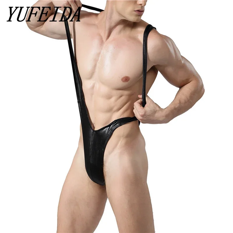 Men Jumpsuits Jockstrap PU Leather Bodysuit One Piece Sexy Gay Underwear Wrestling Singlets Penis Pouch Jumpsuit Undershirts