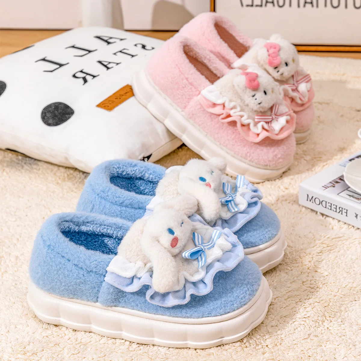 

Cartoon Sanrioed Kuromi Cinnamoroll Plush Warm Cotton Slippers Winter Outwear Warm My Melody Kitty Homewear Plush Slippers