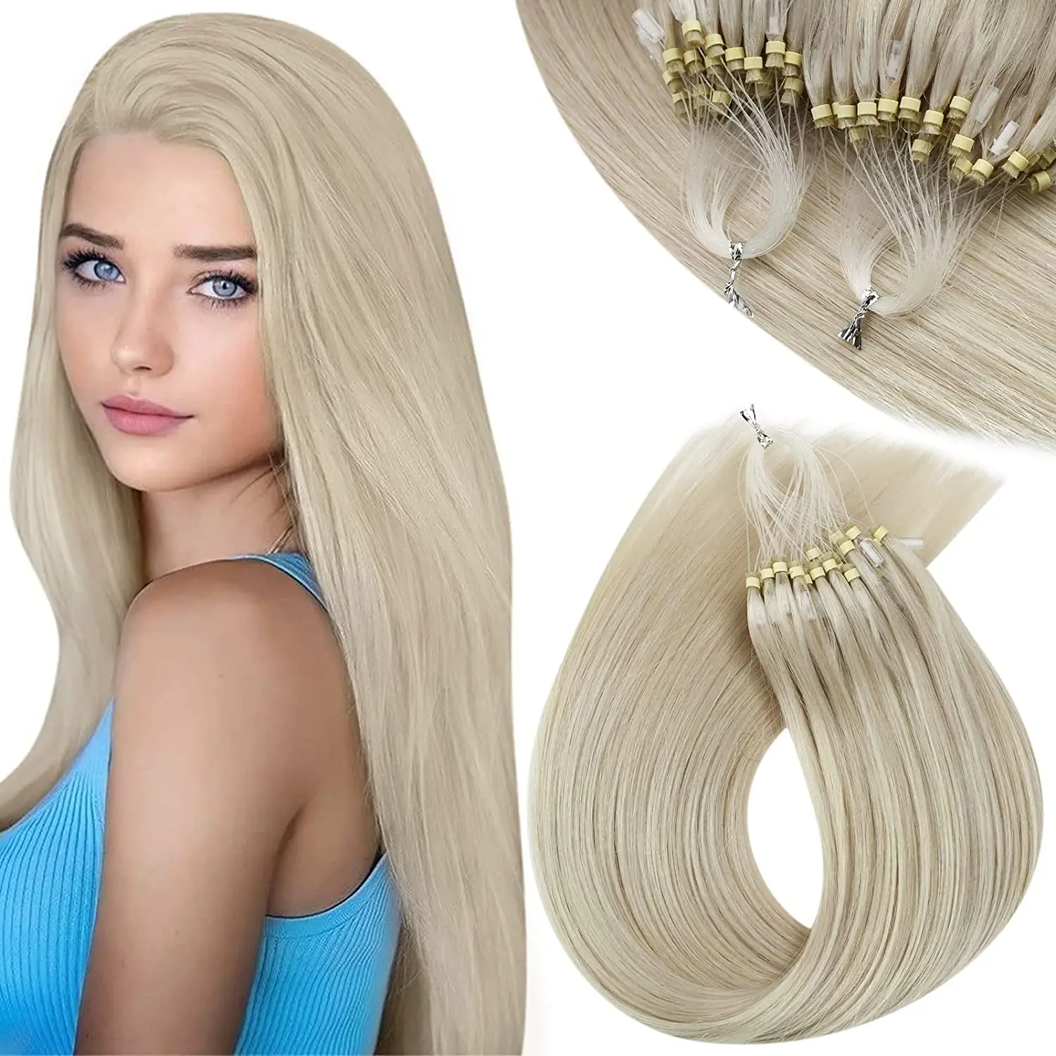 Micro Ring Link Hair Extensions Invisible Micro Ring Beads Loop Tip Remy  Human Hair Curly Golden Blonde 20inch 100s