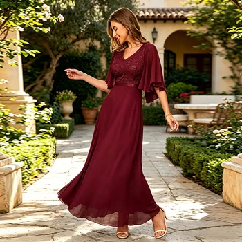 Burgundy Bridesmaid Dresses V-Neck Cape Sleeve A-Line Floor Length Formal Evening Gowns Elegant Wedding Guest Party Dress