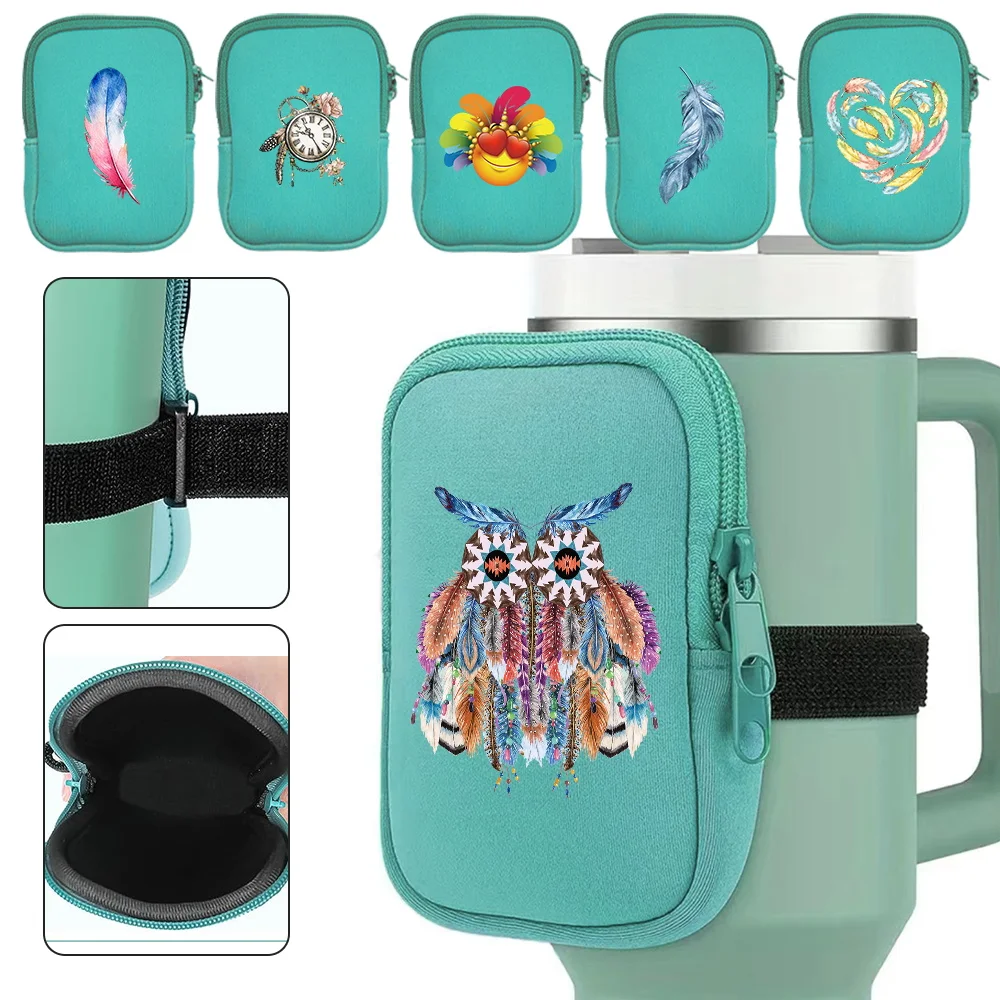 

Portable Running Water Bottle Pouch Double Zipper Water Cup Bag Feather Pattern Series Made of Nylon Material Water Cup Bags