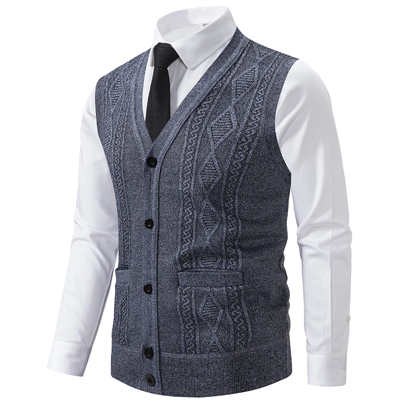 Autumn Winter Warm Slim Fit Knit Vests Men V-Neck Solid Color Smart Casual Knitted Waistcoat Mens Geometric Sleeveless Knit Vest men sweater vests mens knitted vest