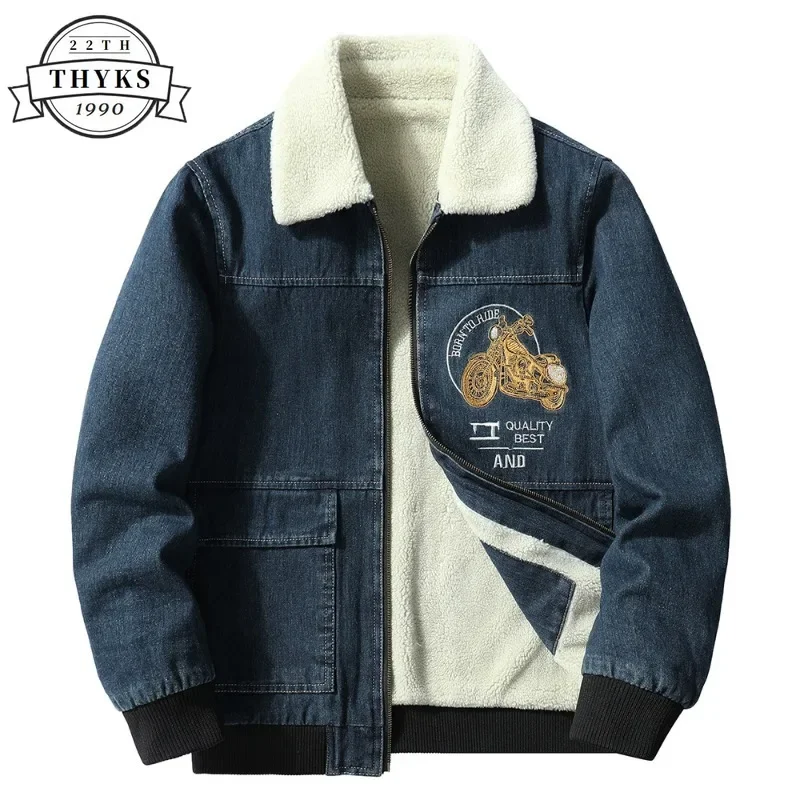 

Denim Fleece Jacket Mens Casual Cotton Thick Embroidered Loose Windbreaker Outwear Outdoor Warm Cowboy Plus Size Coat Streetwear