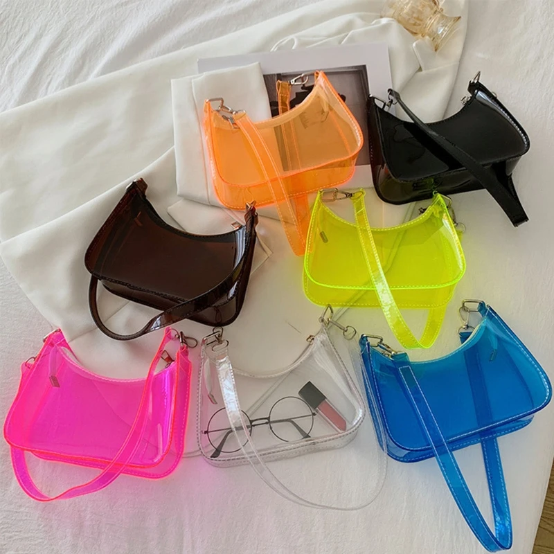 

Fashion Vintage Ladies Jelly Solid Color Clear Underarm Bag Casual Women Hobos Handbags Purse Fashion Cell Phone Shoulder Bag