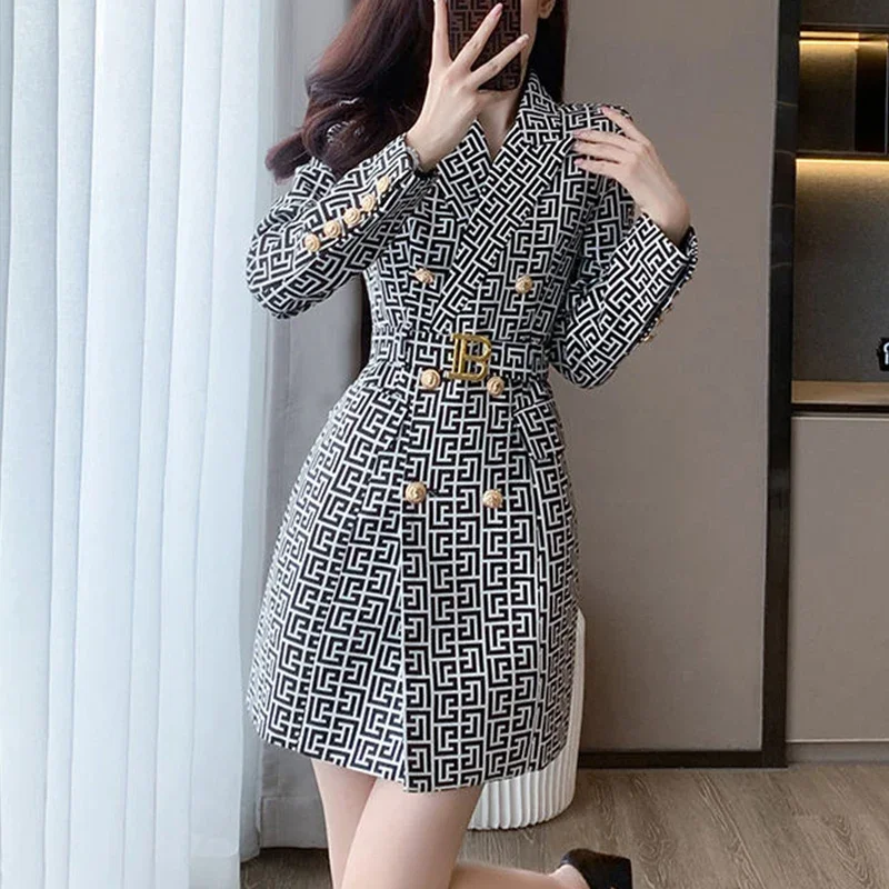 Spring Autumn Y2K Double Breasted Sexy Fashion Print Blazer Dress Women Waist Mini Vestidos De Fiesta Long Sleeve Female Clothes 2