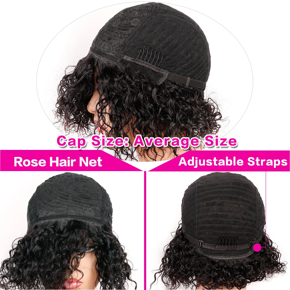 Kinky Curly Wig with Bangs 180% Density Full Machine Made Water Wave Curly Glueless Short Bob Wigs Brazilian Human Hair