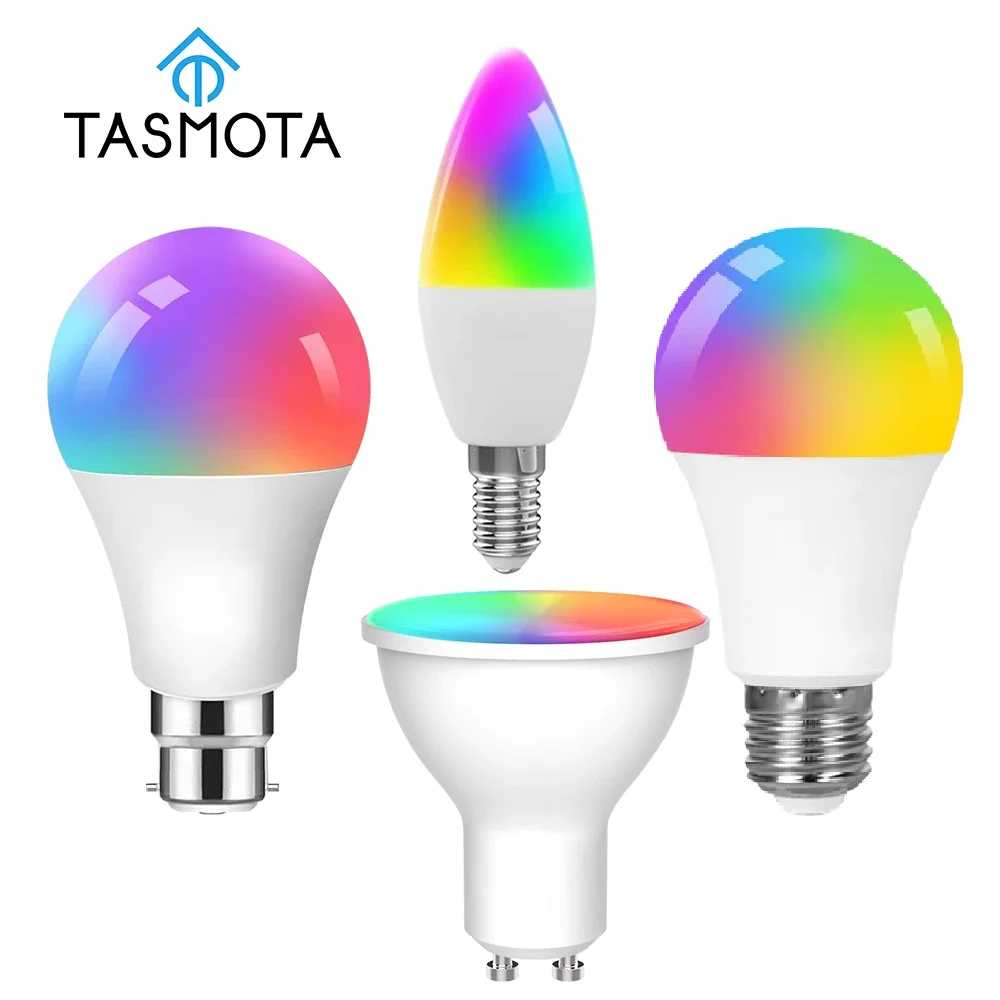 TASMOTA Smart Bulb Pre Flashed Works With Home Assistant  RGB+CW Colorful Dimmable Candle Bulb Spotlight GU10 10W 15W E27 B22