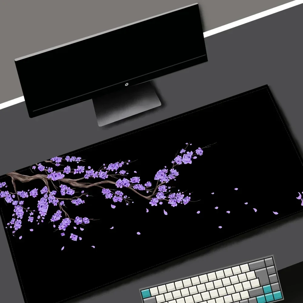 

Kawaii Purple Desk Mat Black Sakura Gaming Mouse Pad Large Office Carpet Accessories Cherry Blossom Mousepad Gamer Computer Mat