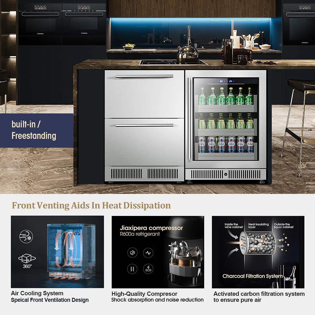 Wine Fridge Undercounter Built-in&Freestanding Drawer Cooler Stainless Steel Indoor&outdoor Beverage Cooler
