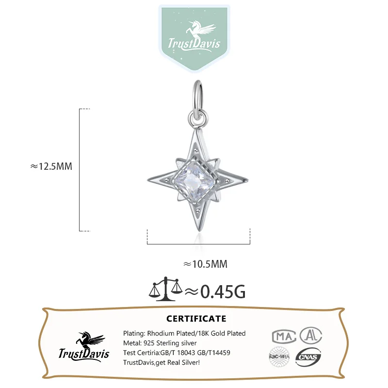 TrustDavis Real 925 Sterling Silver silver pendant silver necklace charms Personality Fashion Sweet Star CZ Charm Pendant Handmade DIY Accessories Fine Jewelry DZ409