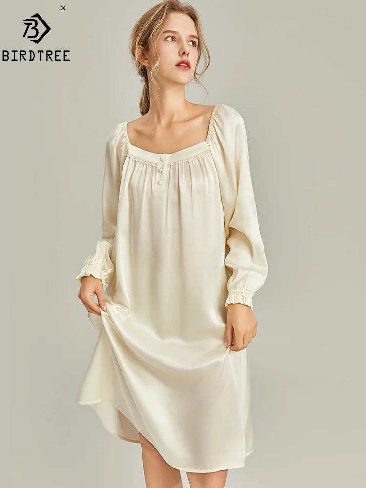 

BirdTree, 19.5MM 100%Real Silk Nightgown , Women Solid Long Sleeve, Sexy Elegant Loose Pajama Dress, 2024 Spring New P448143QM