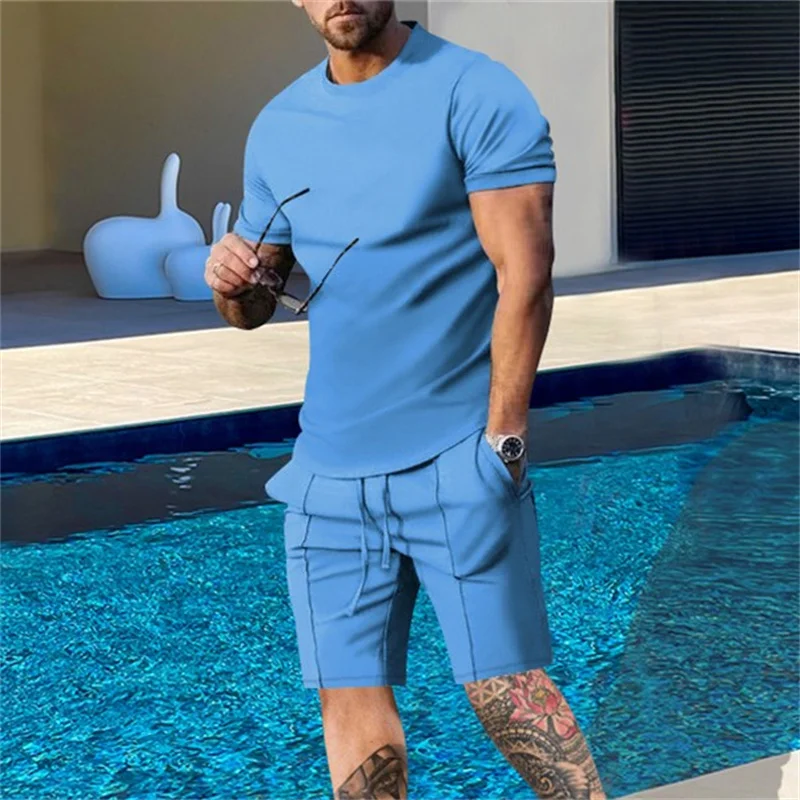 Men's Solid Color Two-piece Suit Short-Sleeve O Neck Pullover T-Shirt Lace-up Shorts Summer Casual Daily Male Youth Sports Sets fashion men s sets summer short sleeve t shirt suit 2pcs streetwear 3d print sports shorts oversized tracksuit male clothes 6xl