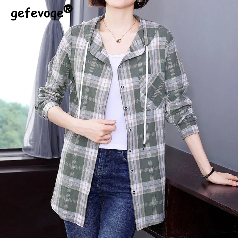 Women's Clothing 2023 Spring Autumn Pure Cotton Plaid Shirt Drawstring Patchwork Button Long Sleeve Medium Length Hooded Jacket