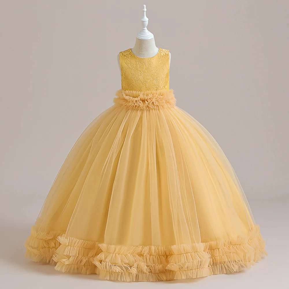 

Flower Girl Dress Lace Sparkly Long Maxi Wedding Lace Yellow Ballgown Dresses Birthday Pageant Party Gown Ages 4-14