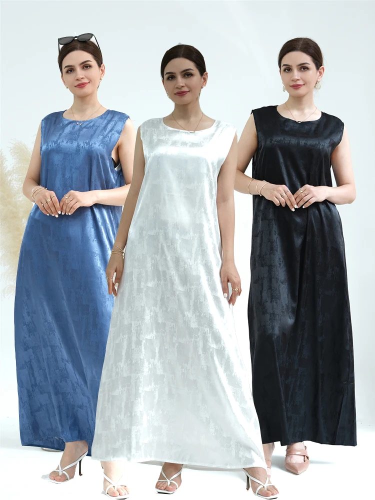 

Ramadan Eid Sleeveless Satin Abaya Turkey Islam Arabic Muslim Long Dress African Dresses For Women Robe Musulmane Femme Vestidos