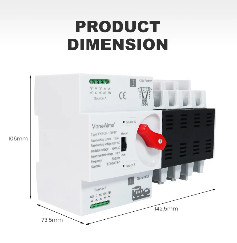 Description Picture 6 of itemDin Rail 4P ATS Automatic Transfer Switch 63A 100A Dual Power Selector Switches Uninterrupted Power Generator Photovoltaic Solar