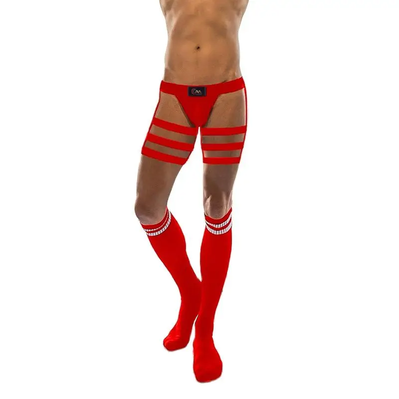 CLEVER-MENMODE Men Sexy Strap Underwear Briefs Bondage Lingerie Stockings Set Long Socks Elastic Harness Erotic Costume Leg