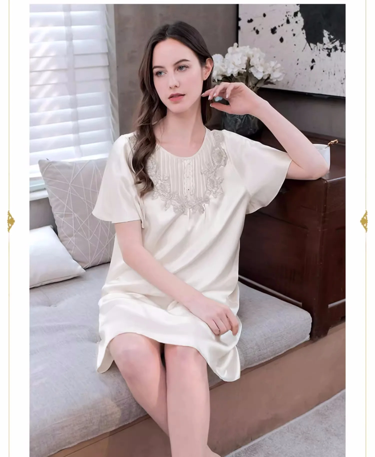 

100% Mulberry Silk Short Sleeve Nightgowns Women Loose Elegant Nightdress Nightwear Room Wear One Piece Ladies Summer Sleepwear