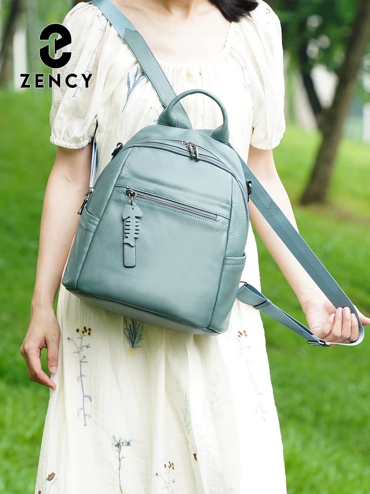 Zency New Genuine Leather Women's Backpack Knapsack Multi-pocket Simple Travel Shoulder Bag 2025 Trendy Cowhide Leather Rucksack