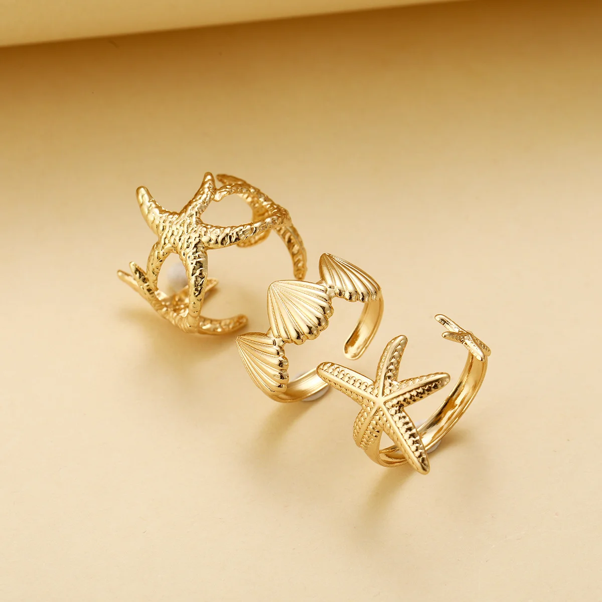 Punk Starfish Scallop Adjustable Open Rings Set for Women Trendy Geometric Gold Color Metal Irregular Ring Summer Beach Jewelry