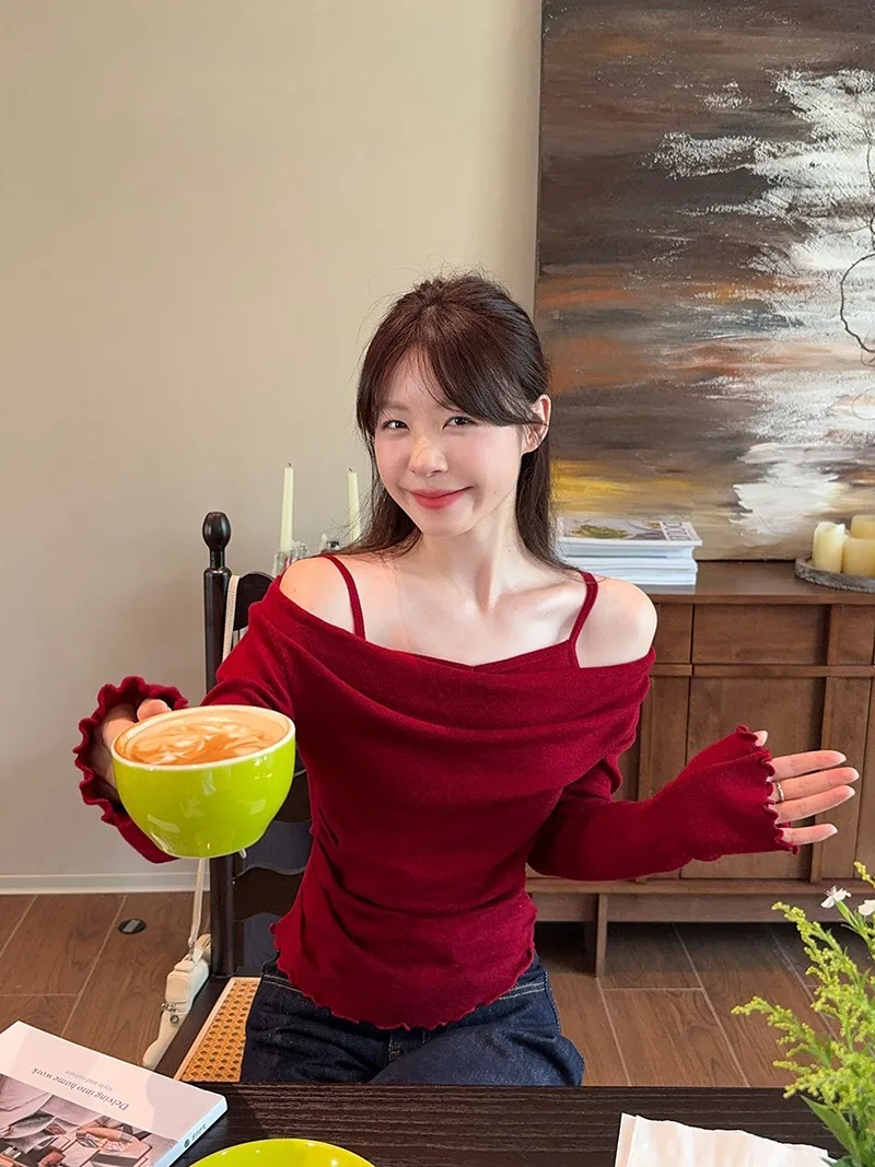 Fake Two-piece Off Shoulder Long Sleeve T-shirt Women's Sexy Slash Neck Flare Sleeve Base Shirt Top Autumn Casual Slim Fit Tops