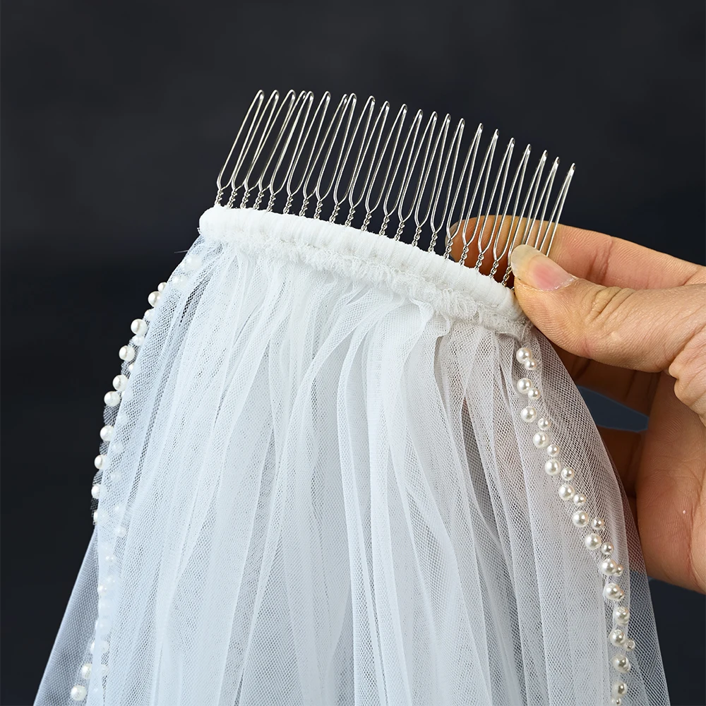 Bridal Veils Wedding Short Beaded Edge Veil Thin Scallop Pearls Trim 1 Tier Elbow Length Accessories for Wedding Brides VP52