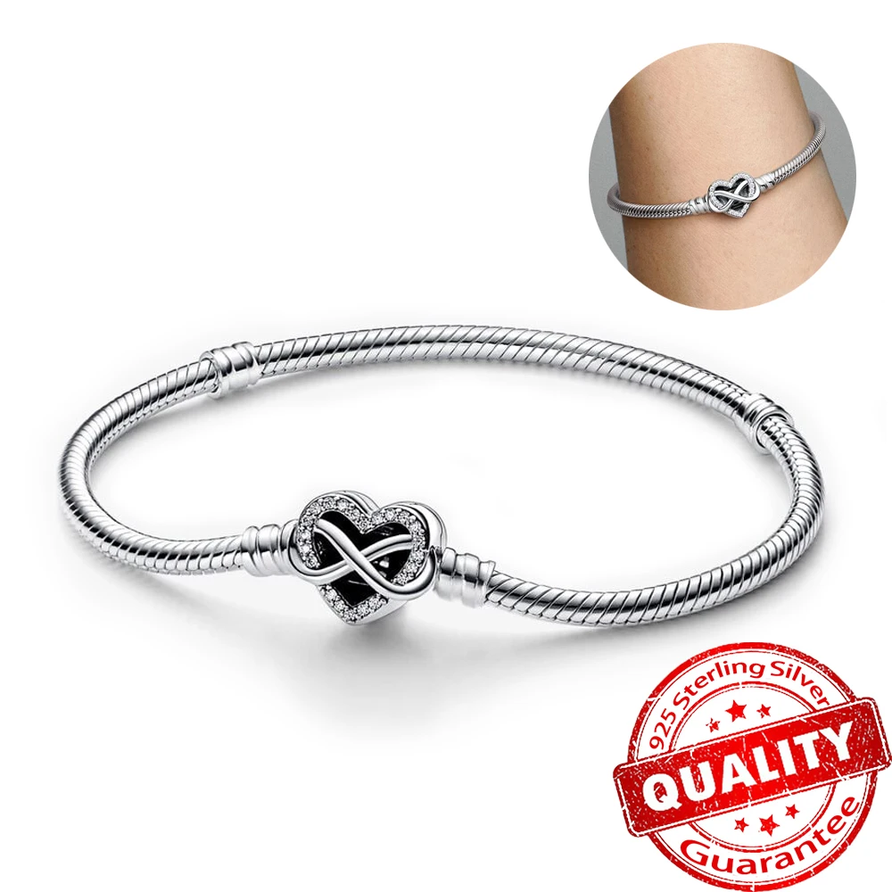 Sparkling Sterling Silver 925 Bangles Infinity Heart Clasp Snake Chain Bracelet Fit DIY Charms Beads Original Jewelry Gift