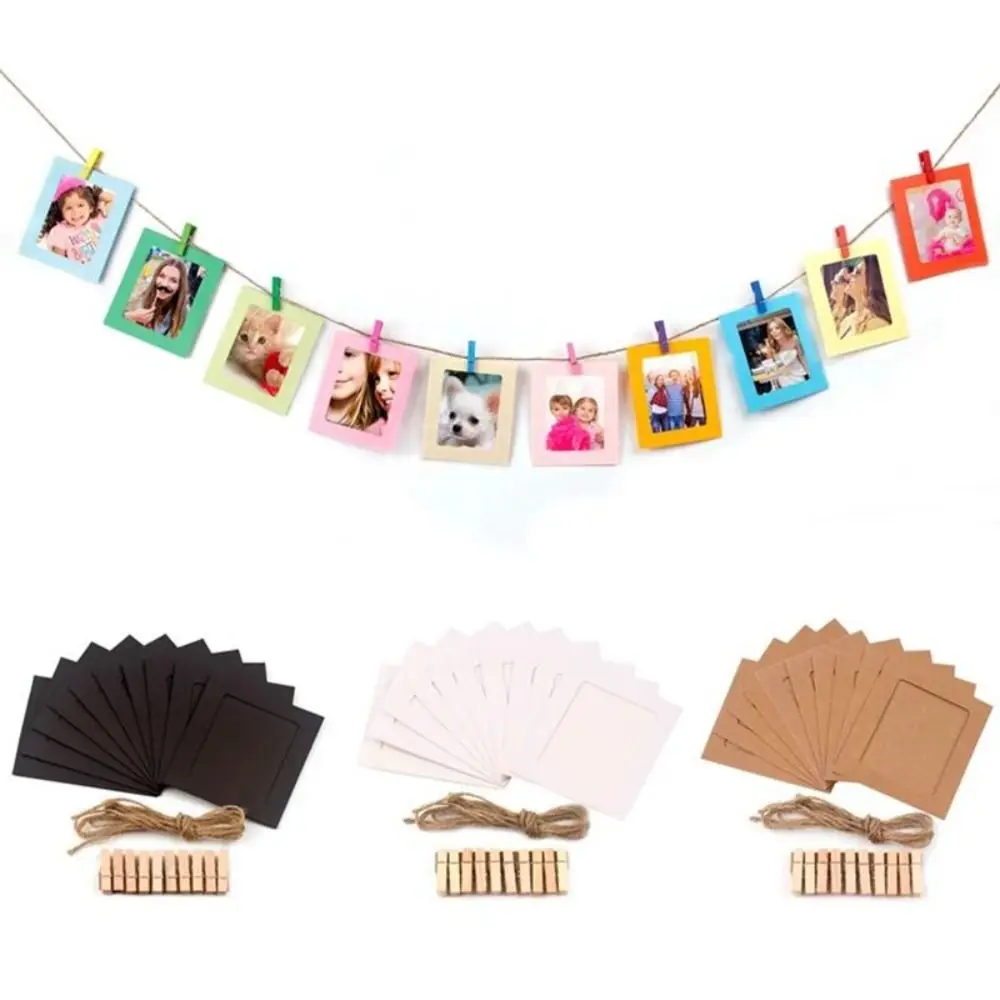 Photo Frame Craft Paper With Clips Rope Wall Hanging Picture Album Home Decor Wedding Happy Birthday 10Pcs/set