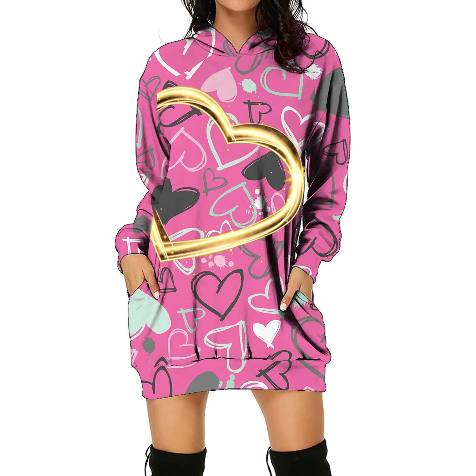 thumbnail image 1 of Vestido con capucha y manga larga con estampado digital 3D de comercio exterior para mujer europea y americana para el día de San Valentín, 1 of 5