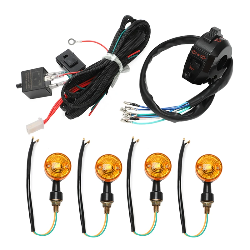 

22mm 7/8" 12V Universal Motorcycle Indicator Wiring Loom Harness Swtich with 4x Indicators Turn Signal Light for Yamaha Kawasaki