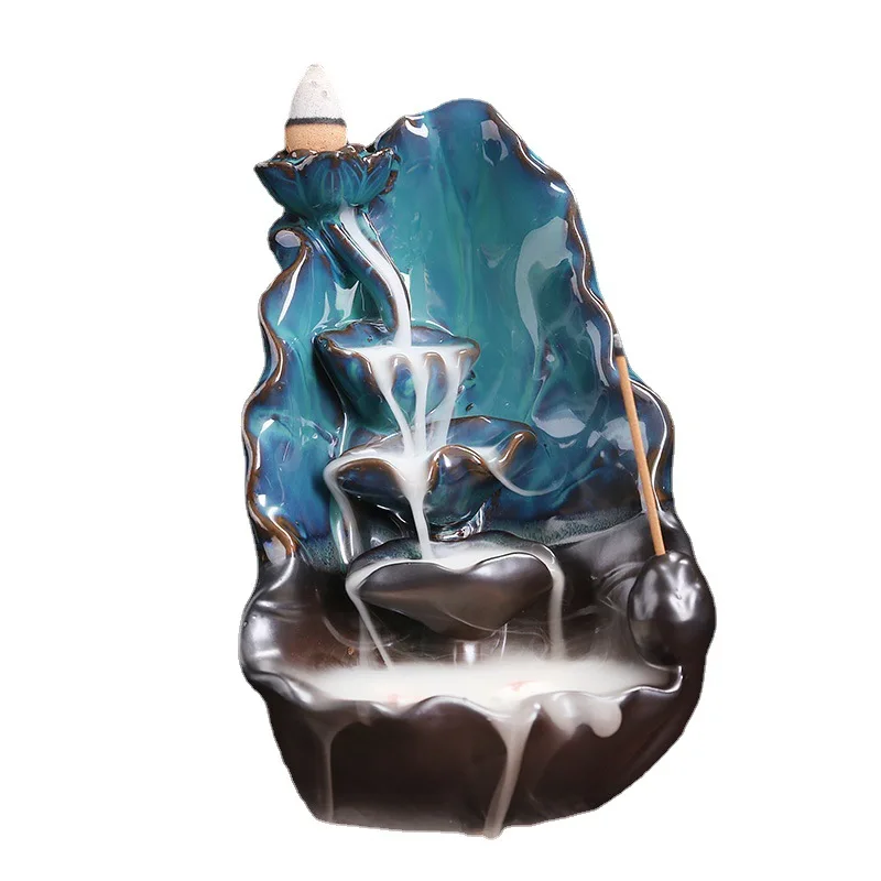 

New 2023 Ceramic Lotus Return Smoke Waterfall Incense Burner Creative Blue Lotus Return Flow Incense Burner Home Furnishing