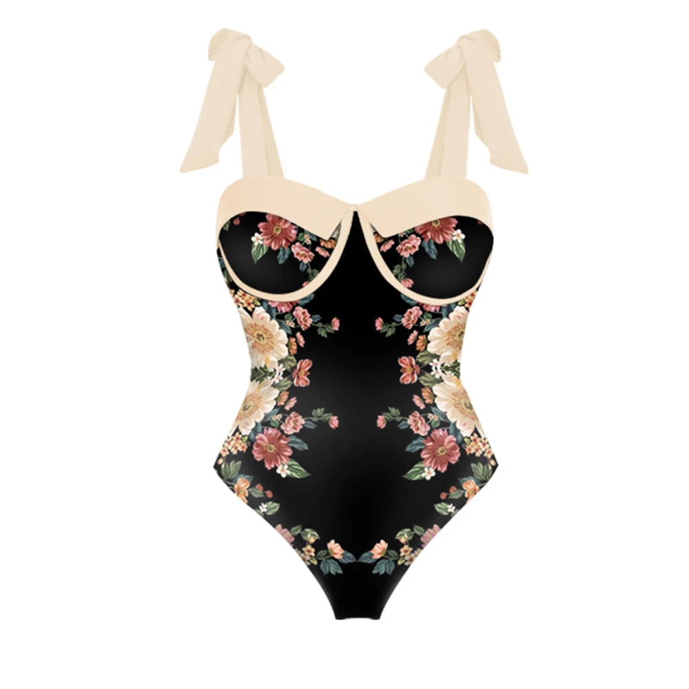 

2023 New Sling Print One Piece Swimsuit Slim Bow Tie Gathering Bikini and Cover Up Sexy Elegant Panel Chic Beachwear Fashion
