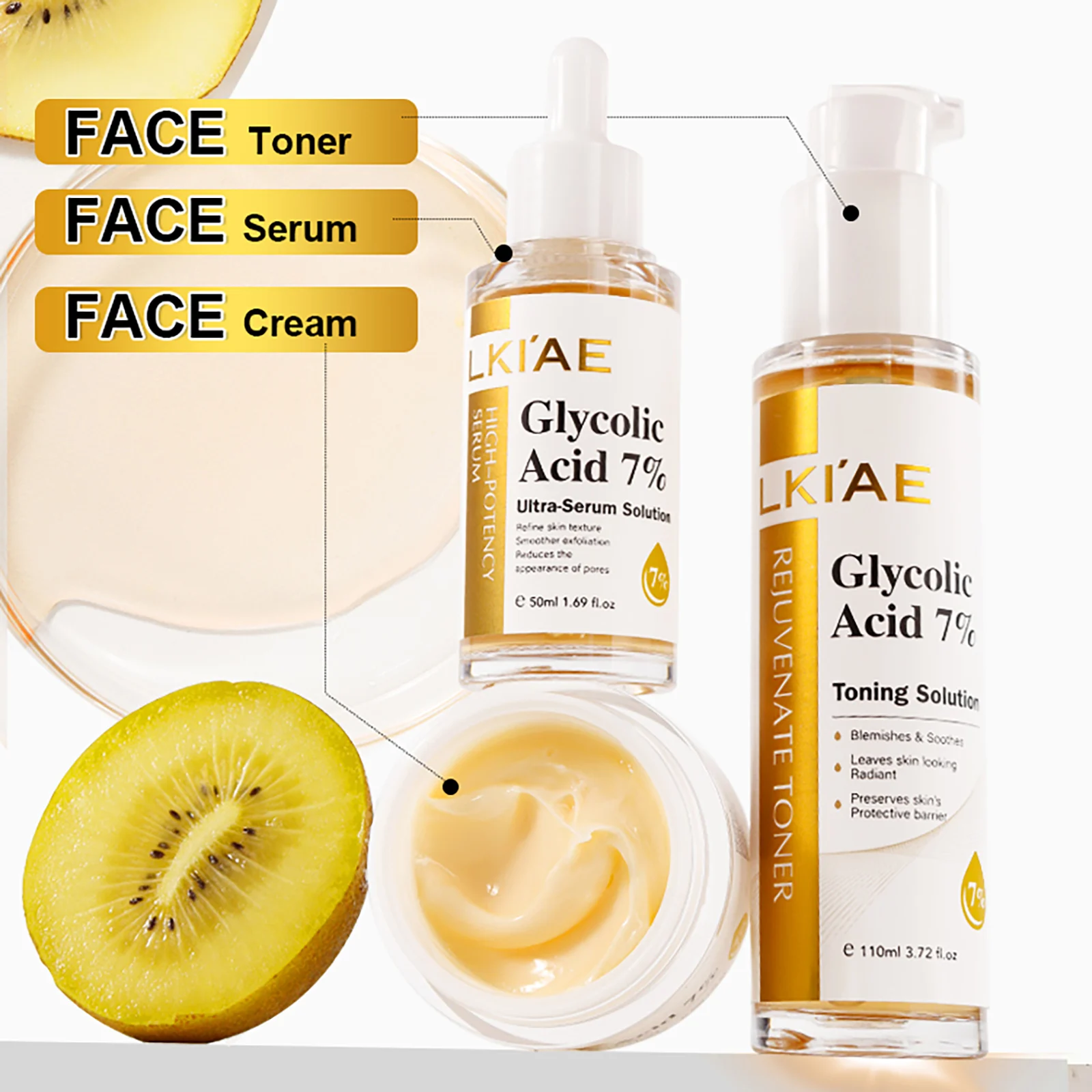 LKIAE Glycolic Acid Brightening Skin Care Set, Reduce Dark Spots, Unclog Pores, Clean Skin, Whitening Kit For All Skin Types