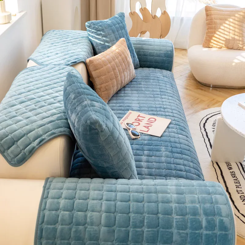 Thickened Flannel Sofa Cushion Simple Plaid Velvet Plush Non-Slip Cushion Leather Dustproof Living Room Sofa Cover Armrest Towel