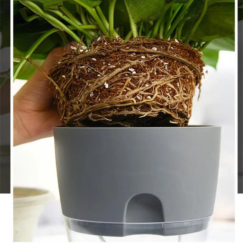 Transparent Double Layer Plastic Flower Pot Self Watering Cotton Rope Watering With Injection Port