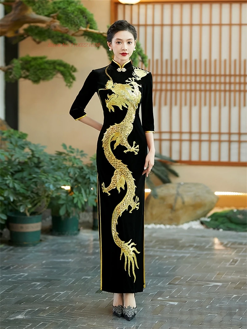 2025 Chinese Improved Dress Traditional Qipao Dress National Dragon Embroidery Velvet Qipao Oriental Banquet Evening Dress Qipao