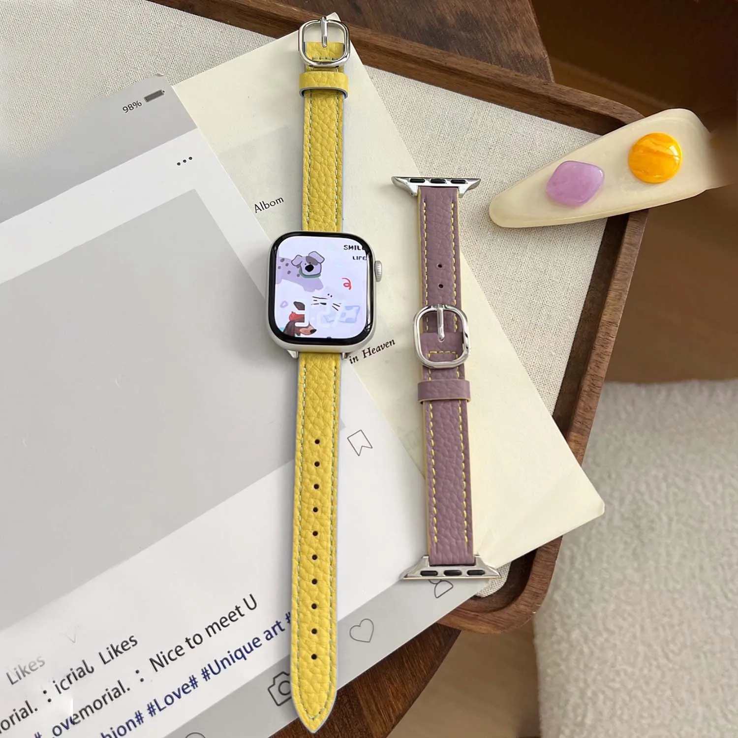 Hochwertiges, farbblockiertes, dünnes Lederarmband für Apple Watch iWatch S10 46 mm 42 mm 49–44 41/40/38 mm, modisches Damenarmband Ultra 8 – Detail 33