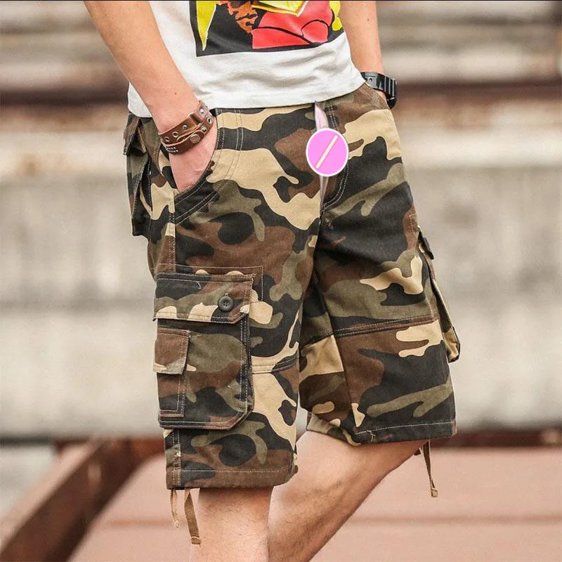 Summer Beach Pants Invisible Open-Seat Pants Casual Shorts with Pockets Sand Camouflage Cargo Pants Men's Clothing Outdoor Sex