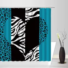 

Leopard Print Shower Curtain Abstract Zebra Stripes Pattern Heart Black Blue Patchwork Home Bath Decor Fabric Curtain with Hook