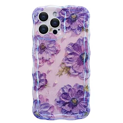 Elegant Retro Floral Glossy Phone Case with Wave Border Design - iPhone 13 (Purple)
