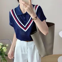 Aesthetic Splicing Baggy Women's Polo Shirts Contrast Color Summer Outfit Ice Silk Short Sleeve Female Tee Lapel Button T-shirts