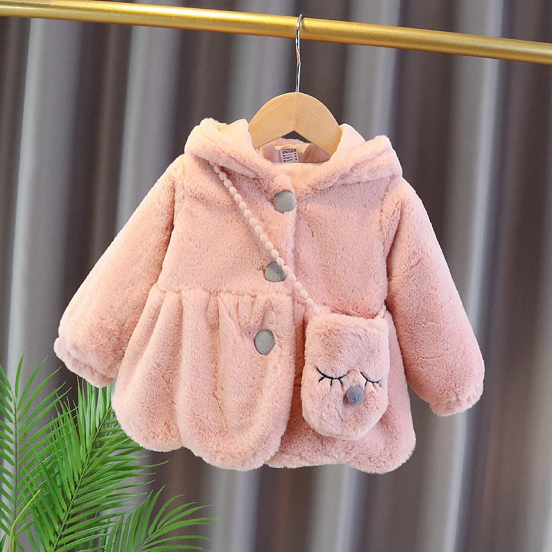 2Pcs/Set Winter New Girl's Little Rabbit Butterfly Knot Sweater Cute Cartoon Coat For Baby Girls Comes With A Little Rabbit Bag