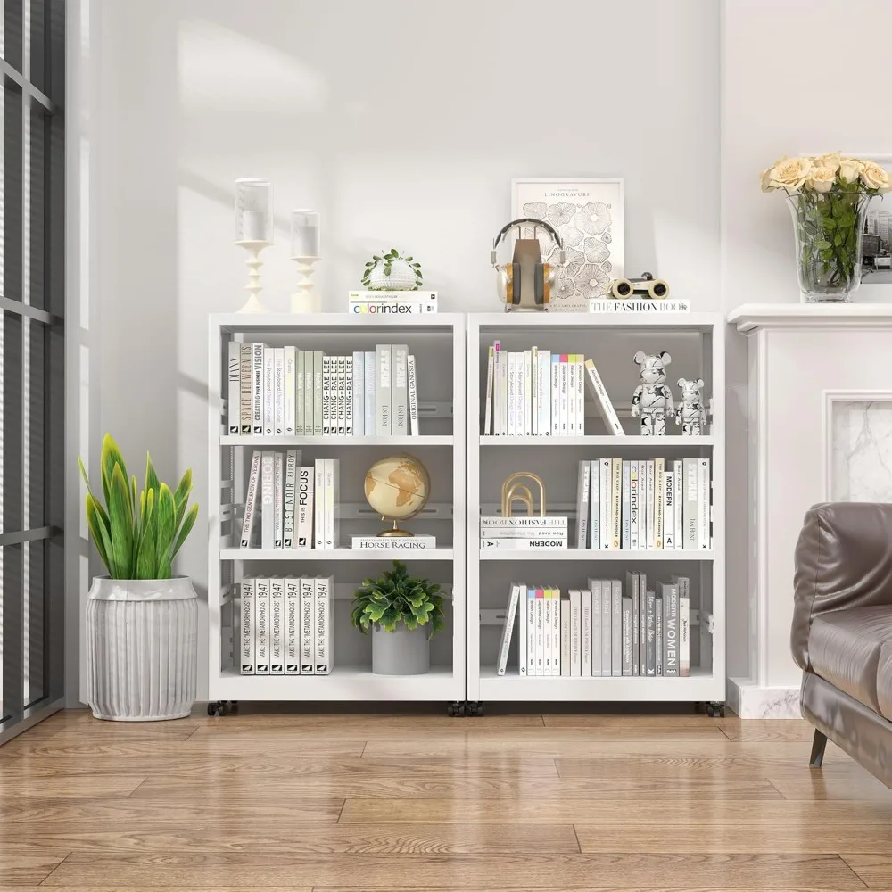 Mobile 3 Tier Bookshelf with Wheels and Adjustable Feet, Metal 3 Shelf Bookcase, Black Heavy Duty Book Shelf for Small Space 2