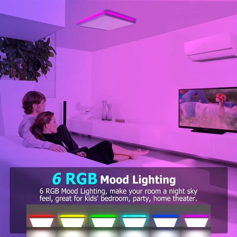 Smart WiFi Luz de Teto LED, Painel Regulável, Lâmpada do Teto RGB, Controle Remoto, Sala de Estar e Decoração do Quarto, Quadrado, 24W